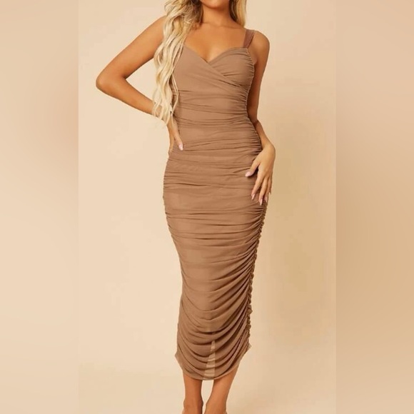 SHEIN Dresses & Skirts - Women’s Tan Solid Ruched Mesh Bodycon Dress